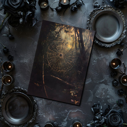Dark-themed table setting with a spiderweb design card, candles, and black roses.