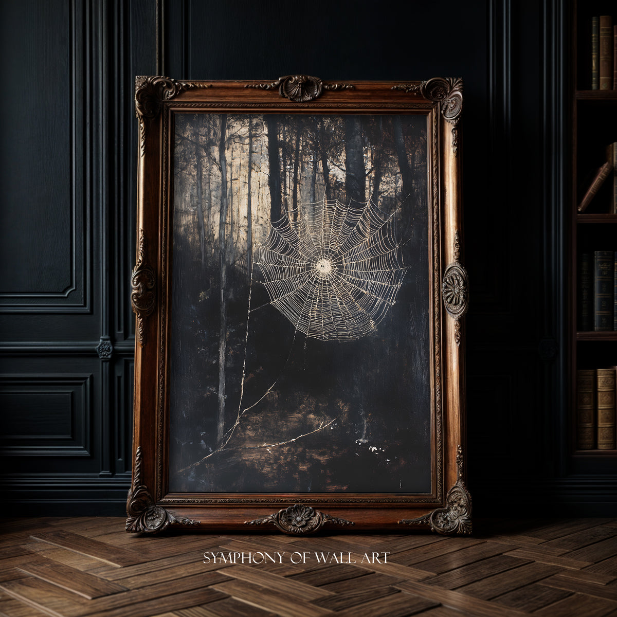 Framed artwork of a spider web with trees in a dark room, featuring 'Symphony of Wall Art' branding.