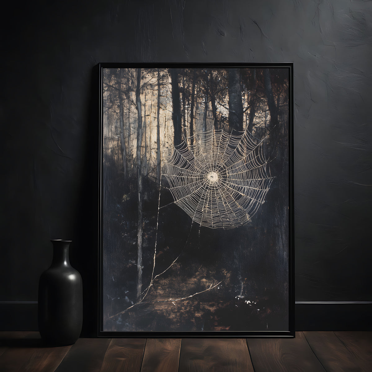Framed artwork of a spider web in a forest on a dark wall.