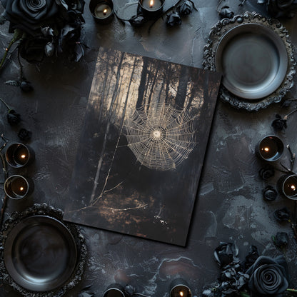 Gothic-themed table setting with spider web print, candles, and dark roses on a textured surface.