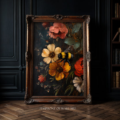 Floral painting with a bee in an ornate wooden frame on a dark wall.