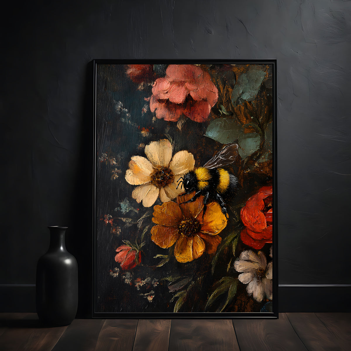 Framed floral painting with a bee on a dark wall