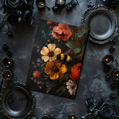 Floral painting with a bee on a dark surface surrounded by candles and decorative elements.