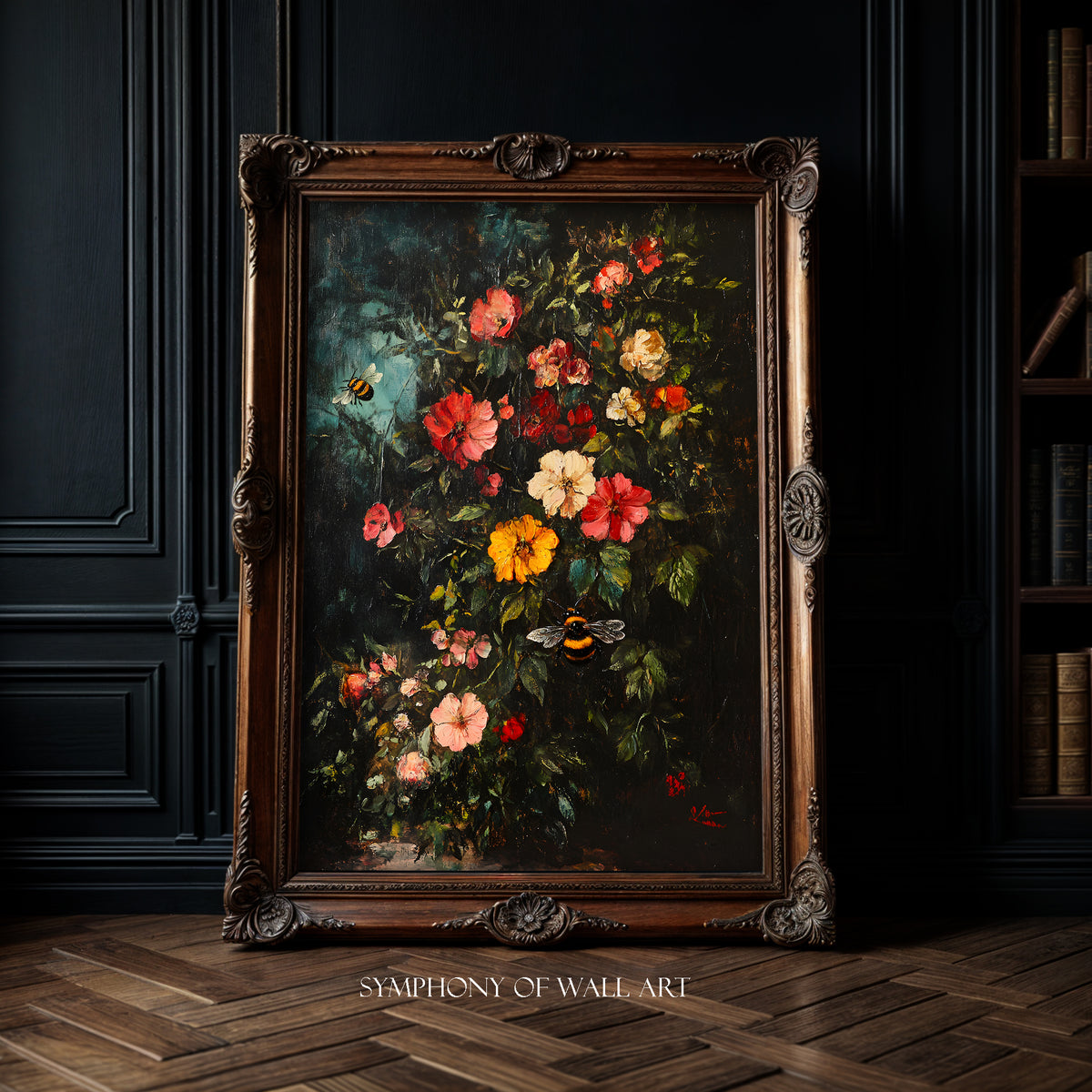Framed painting of flowers on a dark wall with 'Symphony of Wall Art' branding.