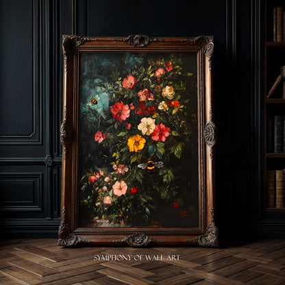 Framed painting of flowers on a dark wall with 'Symphony of Wall Art' branding.