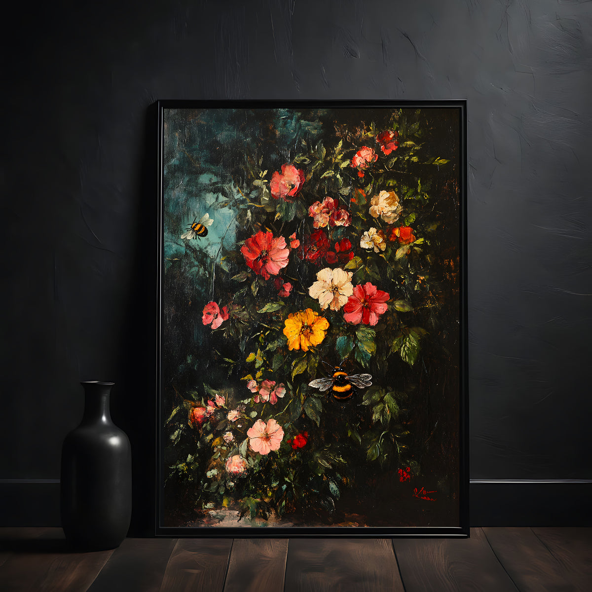 Framed painting of flowers and bees on a dark wall with a black vase.