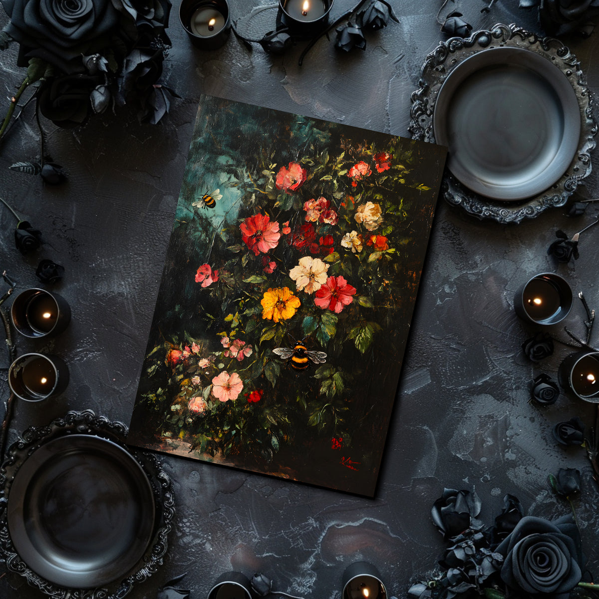 Floral painting on a dark surface with candles and black roses.
