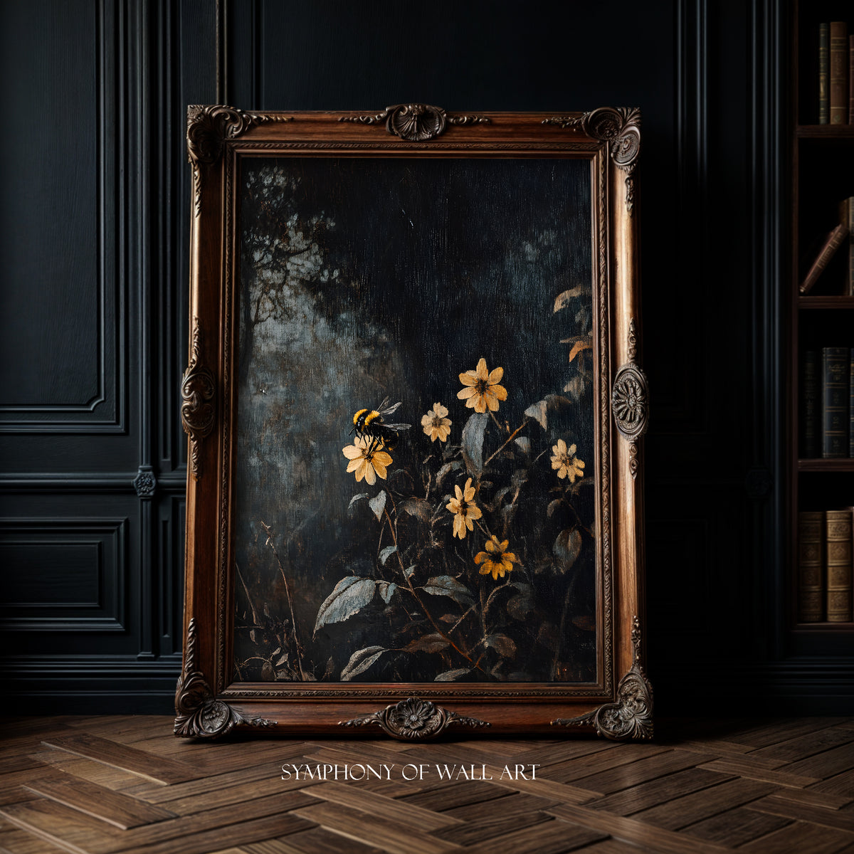 Decorative painting of flowers in a wooden frame on a dark wall.