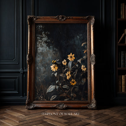Decorative painting of flowers in a wooden frame on a dark wall.