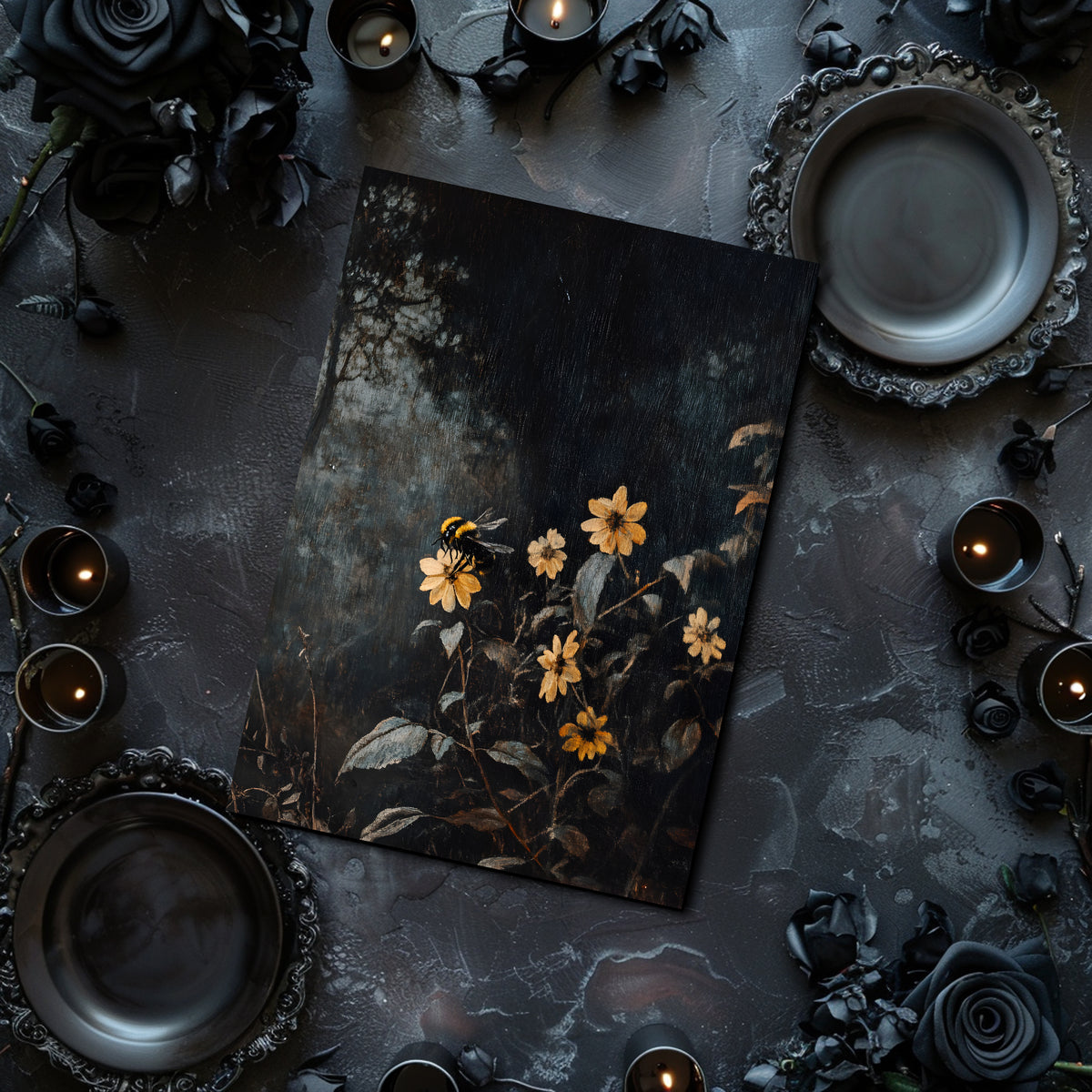 Dark table setting with floral card, candles, and decorative elements on a dark surface.