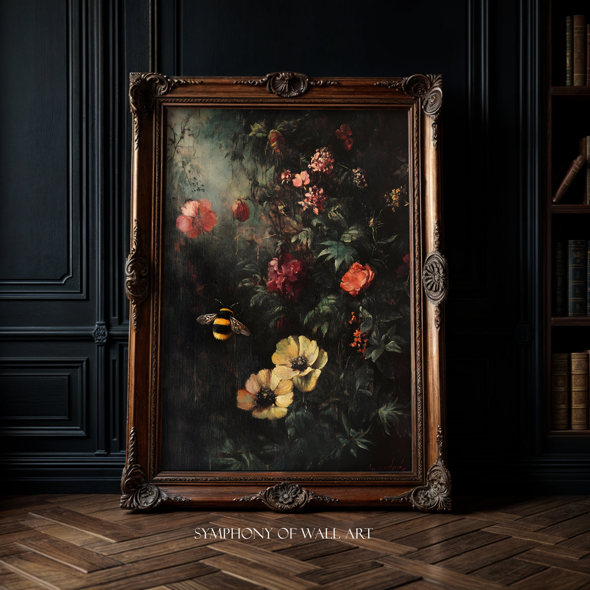 Decorative painting of flowers and a bee in an ornate wooden frame, with 'Symphony of Wall Art' branding.