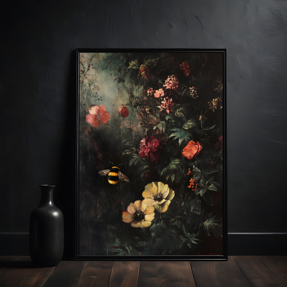 Framed artwork of flowers and a bee on a dark background, with a black vase beside it.