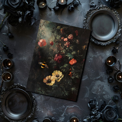 Floral painting on a dark surface with candles and decorative elements