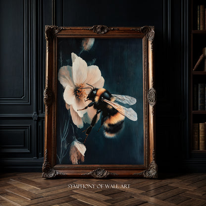Framed artwork of a bee on flowers in a dark room with bookshelf