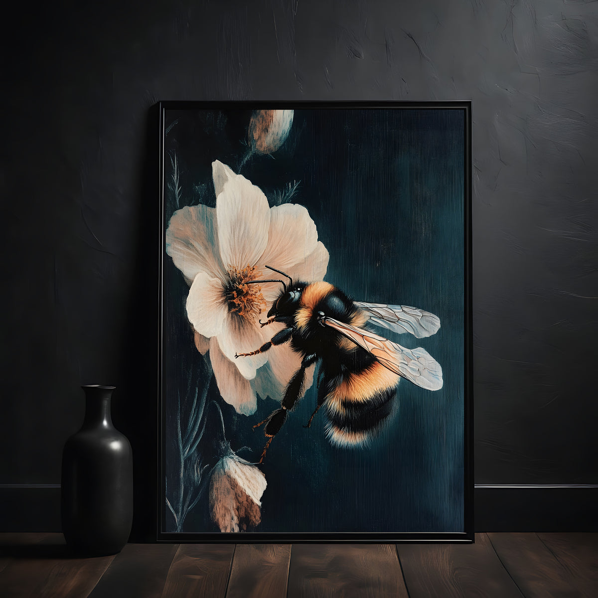 Framed artwork of a bee on a flower against a dark background