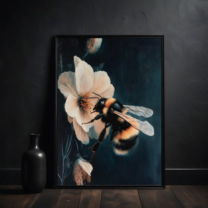 Framed artwork of a bee on a flower against a dark background
