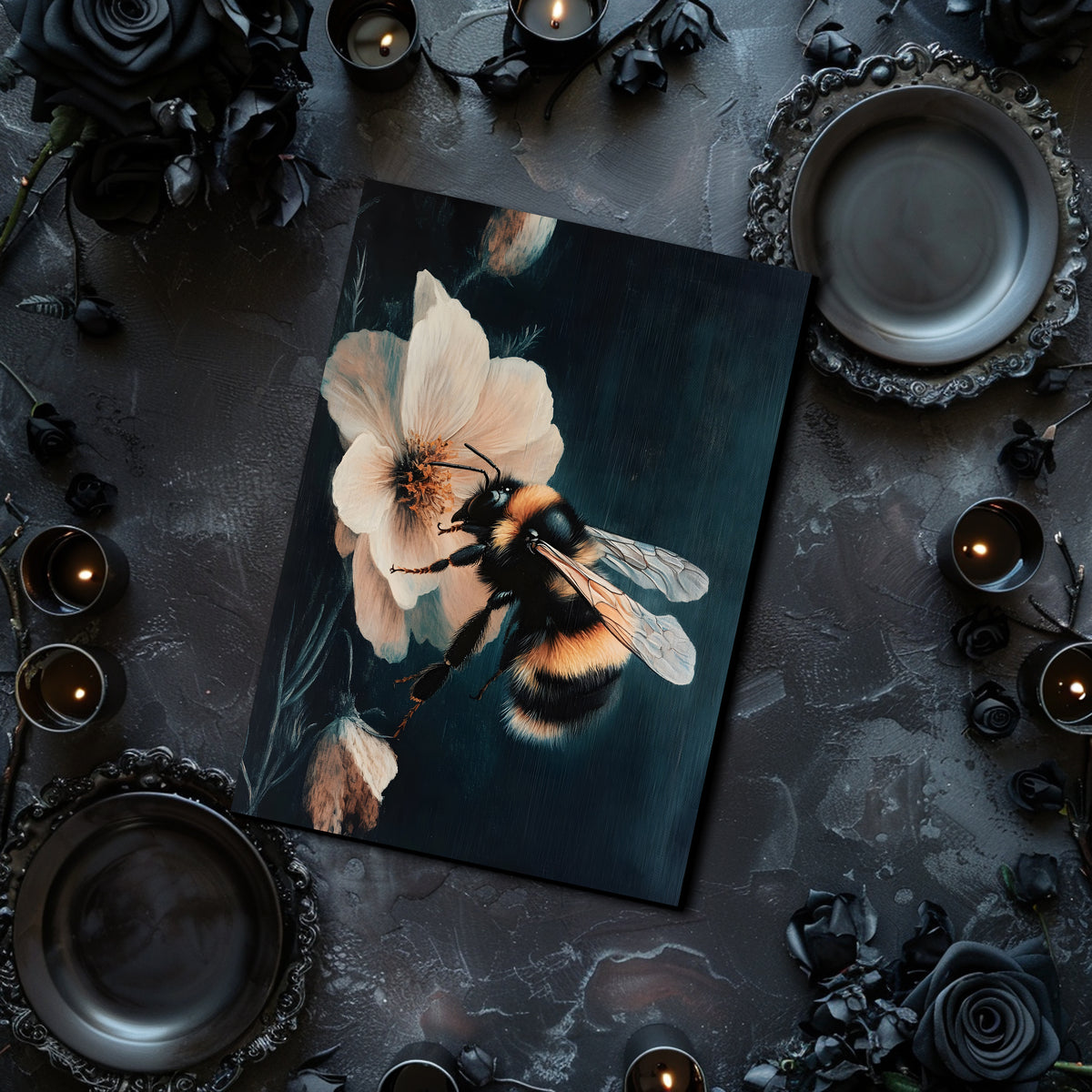 Poster of a bee on a flower on a dark surface with candles and black roses.
