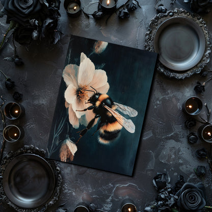 Poster of a bee on a flower on a dark surface with candles and black roses.