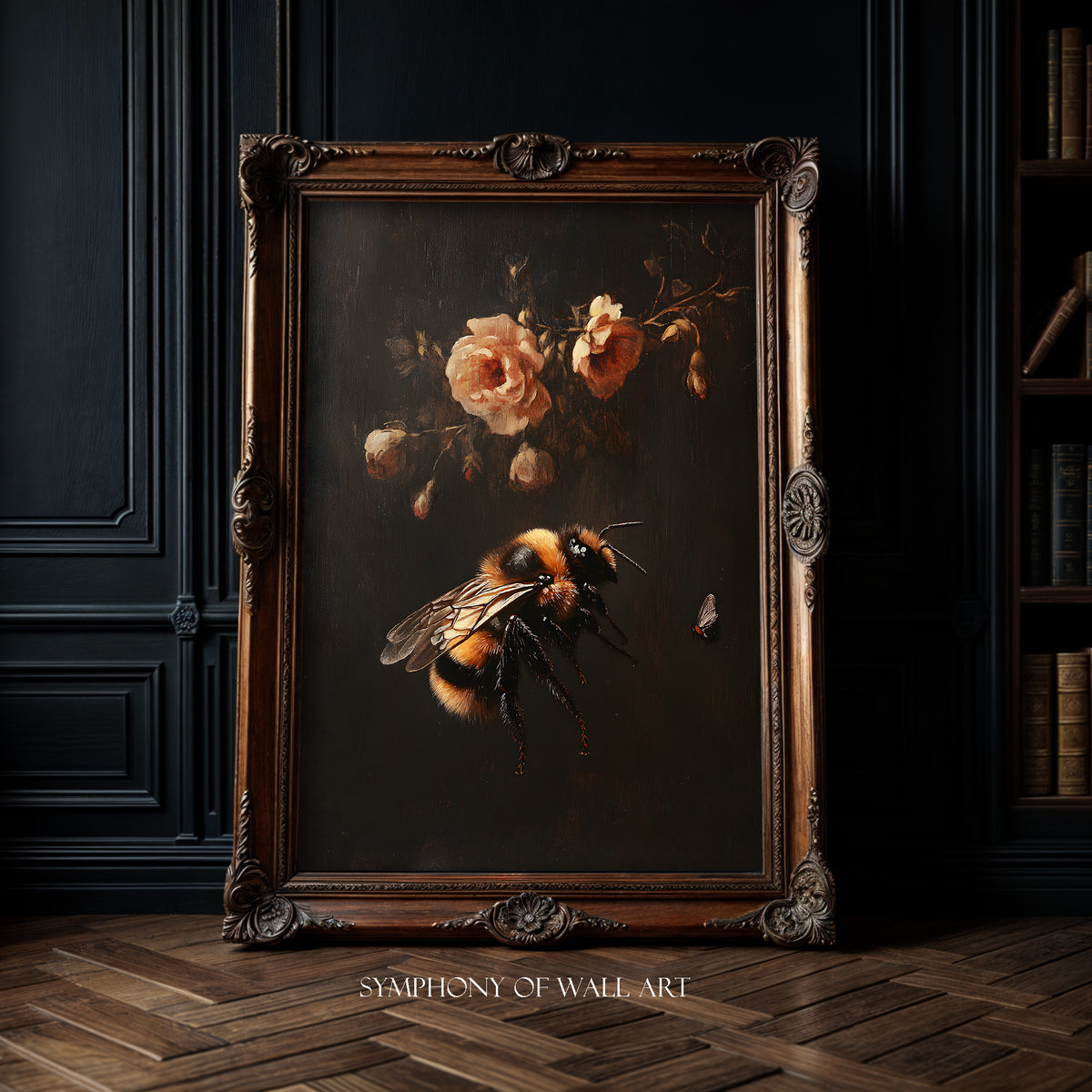 Framed artwork of a bee and flowers on a dark background, with 'Symphony of Wall Art' branding.