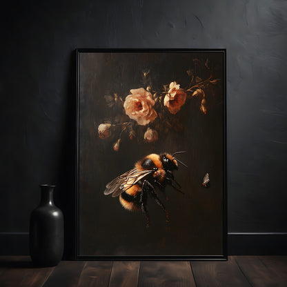 Framed artwork of a bee and flowers on a dark background