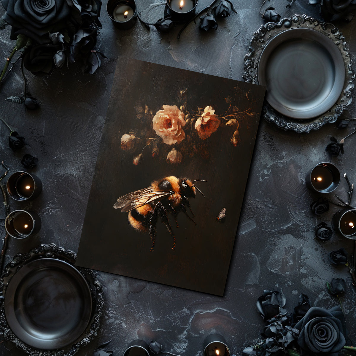 Art print of a bee and flowers on a dark surface with candles and decorative elements.