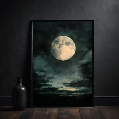 Framed artwork of a moonlit night with a vase on a dark surface