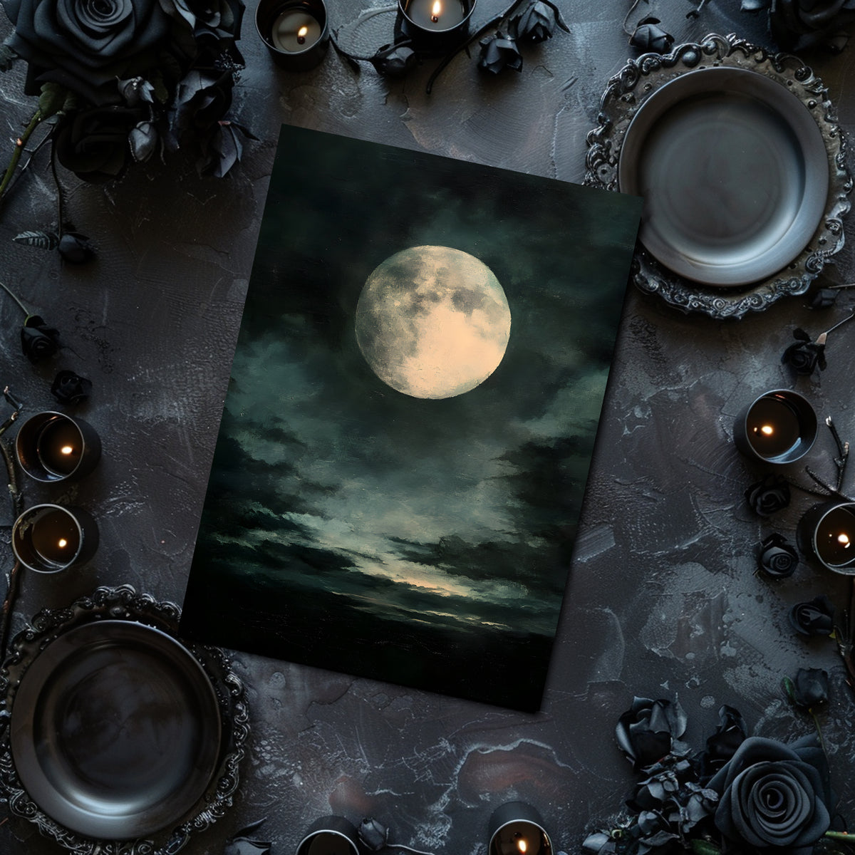 Framed artwork of a moonlit night scene on a dark surface with candles and roses.
