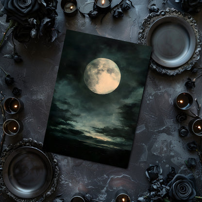 Framed artwork of a moonlit night scene on a dark surface with candles and roses.