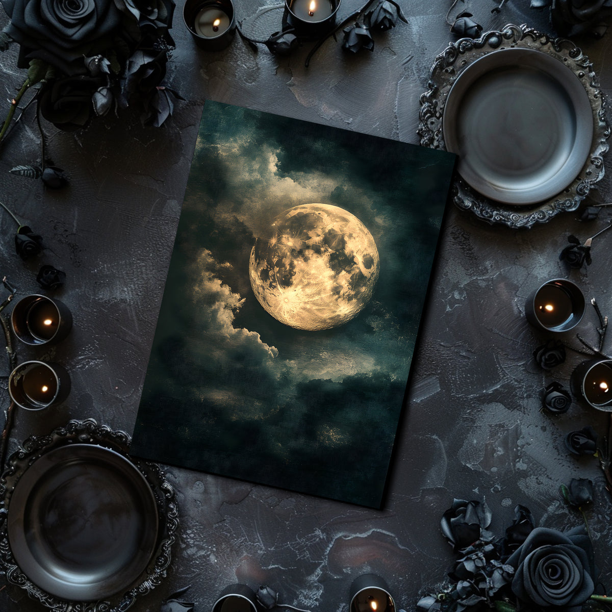 Moody Golden Moonlight In The Night Clouds - Dark Academia Art Print
