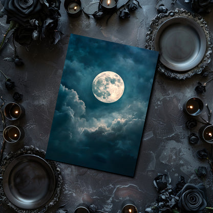 Poster of a moonlit sky with clouds on a dark surface with candles and decorative elements.