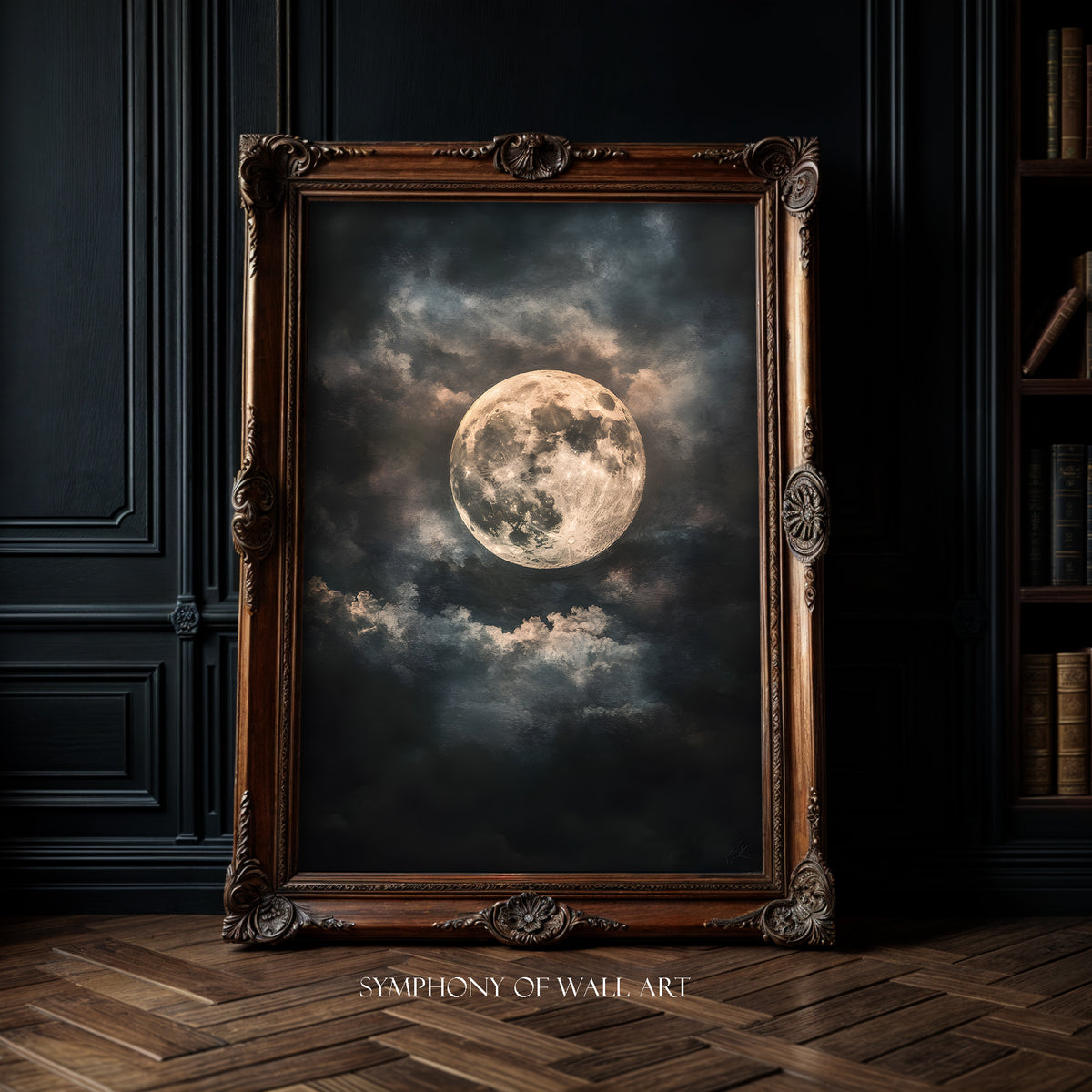 Framed artwork of a moon and clouds in a dark room with bookshelf