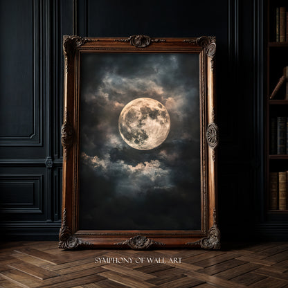 Framed artwork of a moon and clouds in a dark room with bookshelf