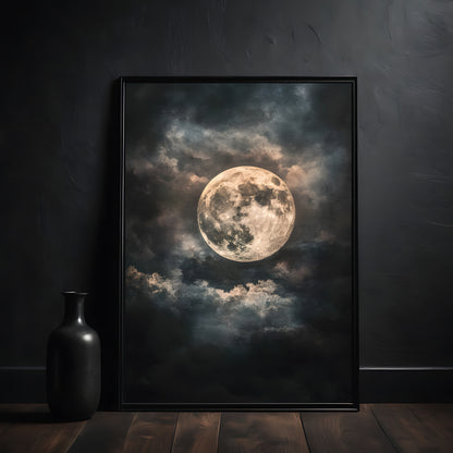 Framed artwork of a moonlit sky with a vase on a dark surface