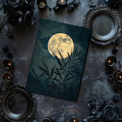 Poster with a moon and bamboo design on a dark surface with candles and black roses.