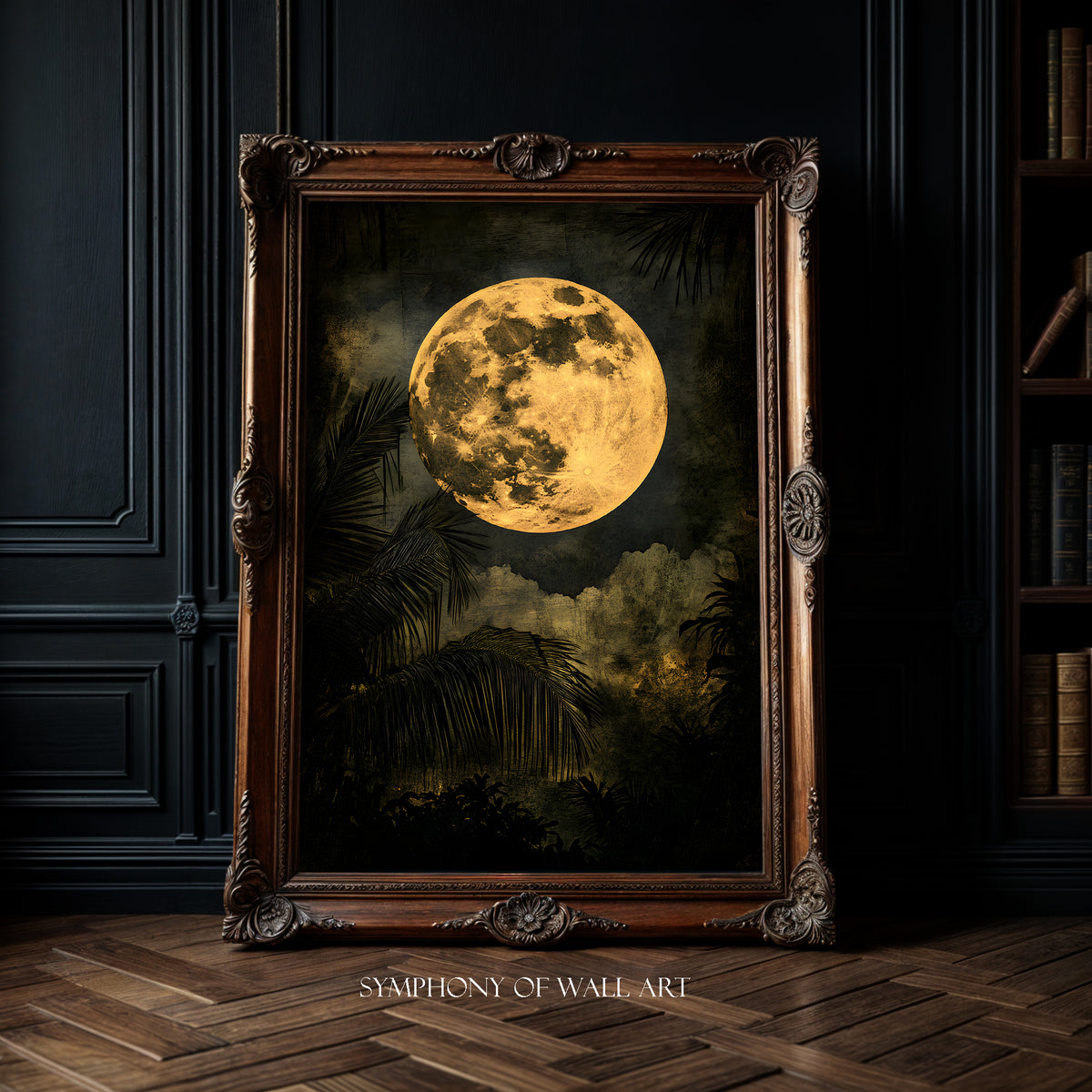 Framed artwork of a moonlit landscape with palm trees on a dark wall.