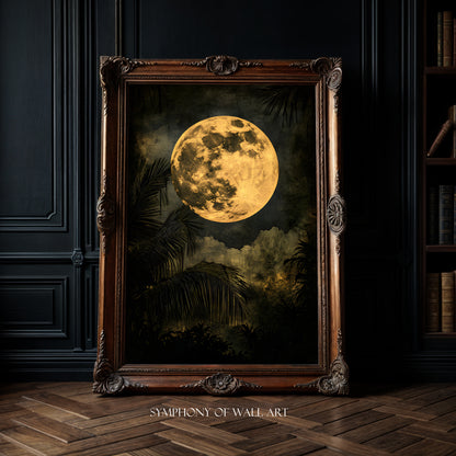 Framed artwork of a moonlit landscape with palm trees on a dark wall.