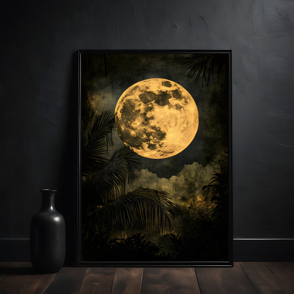 Framed artwork of a moonlit night scene with palm trees on a dark wall.