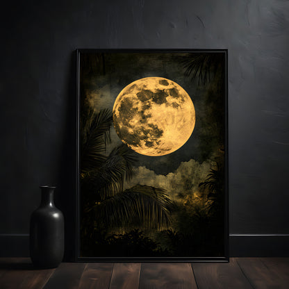 Framed artwork of a moonlit night scene with palm trees on a dark wall.
