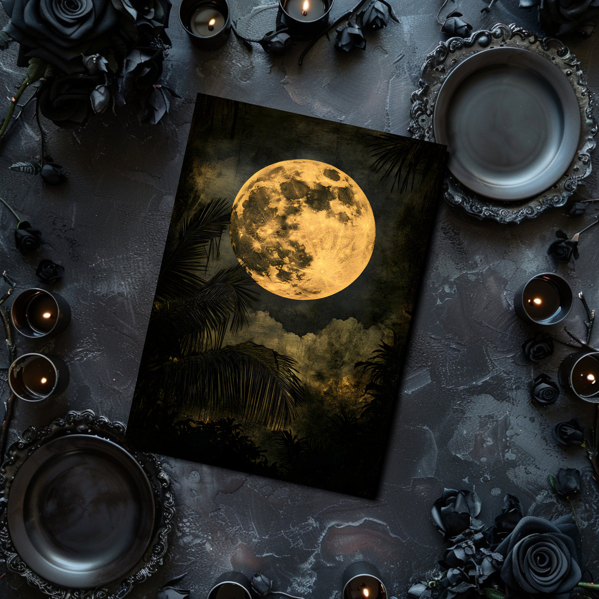 Poster of a full moon with candles and decorative elements on a dark surface