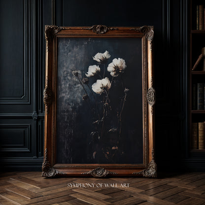 dark academia Decorative painting of flowers in a wooden frame on a dark wall.