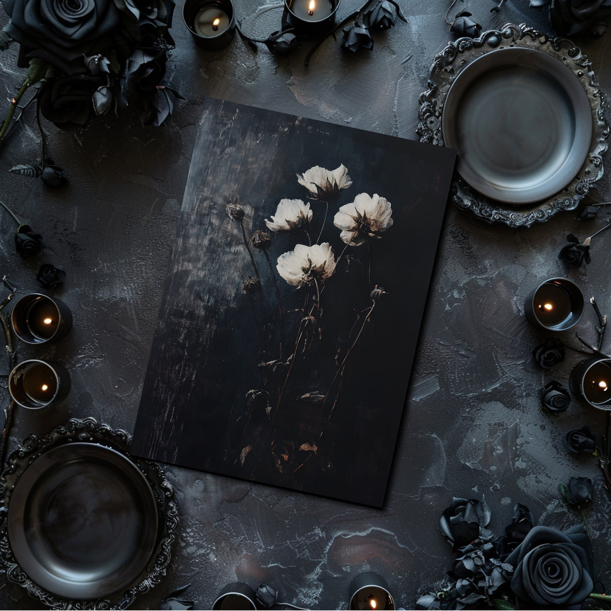 Dark table setting with a floral arrangement on a black card, surrounded by candles and decorative elements.