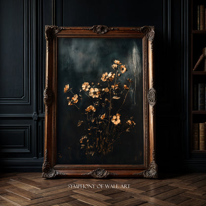 Decorative painting of flowers in a wooden frame on a dark wall.