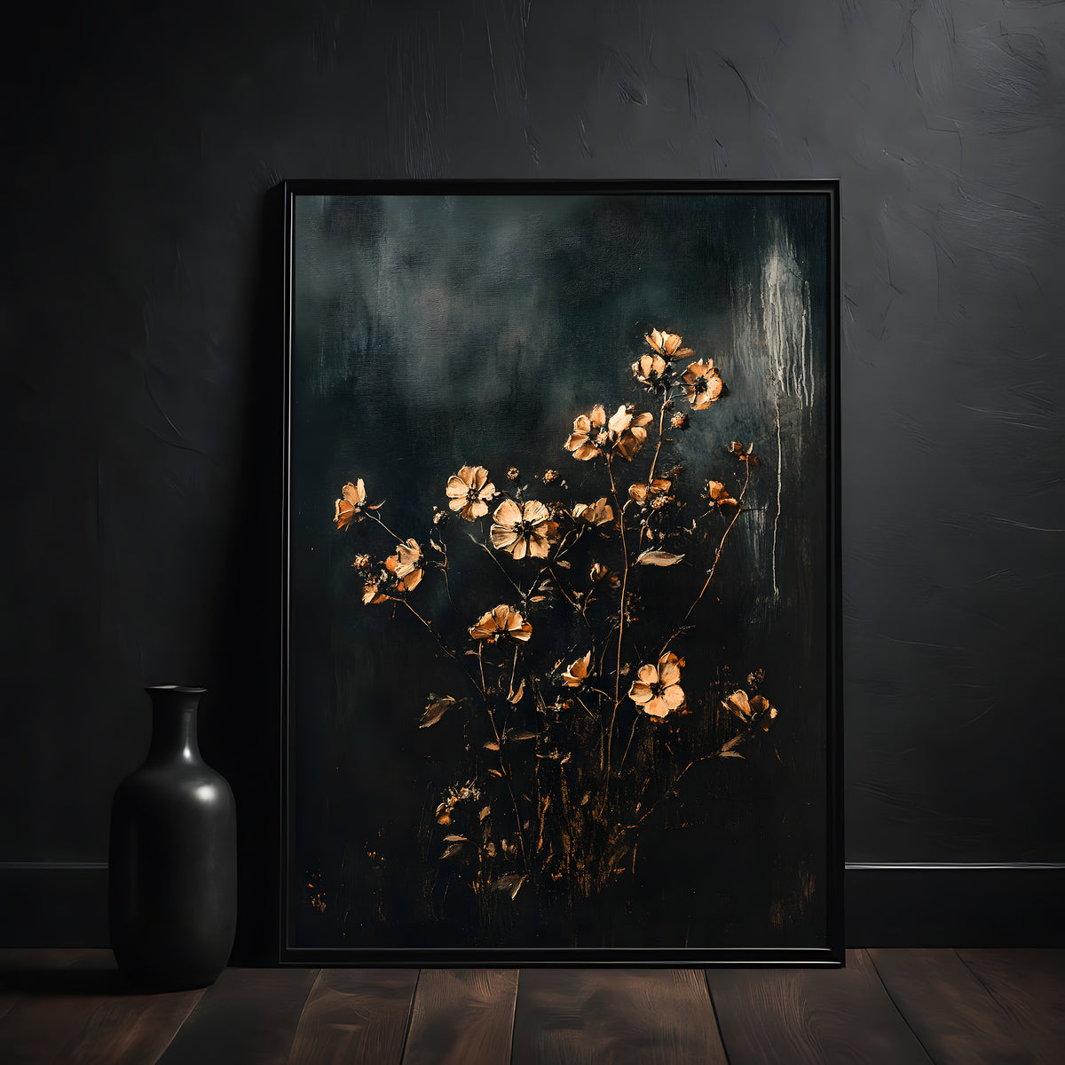 Framed artwork of dried flowers on a dark background with a black vase.
