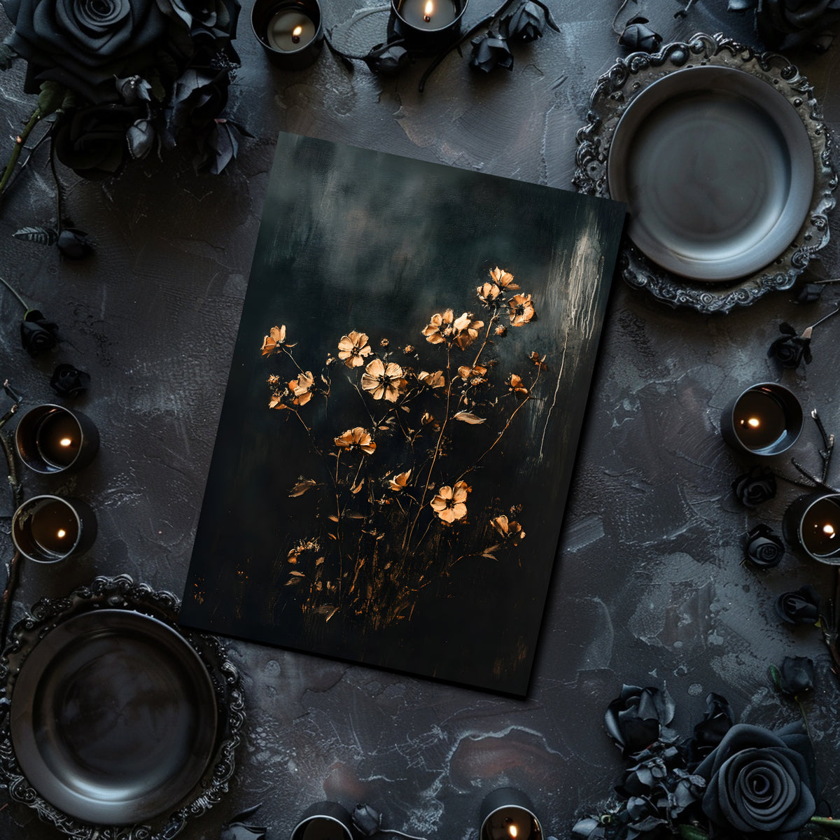 Dark table setting with flowers on a black napkin, surrounded by candles and decorative elements.