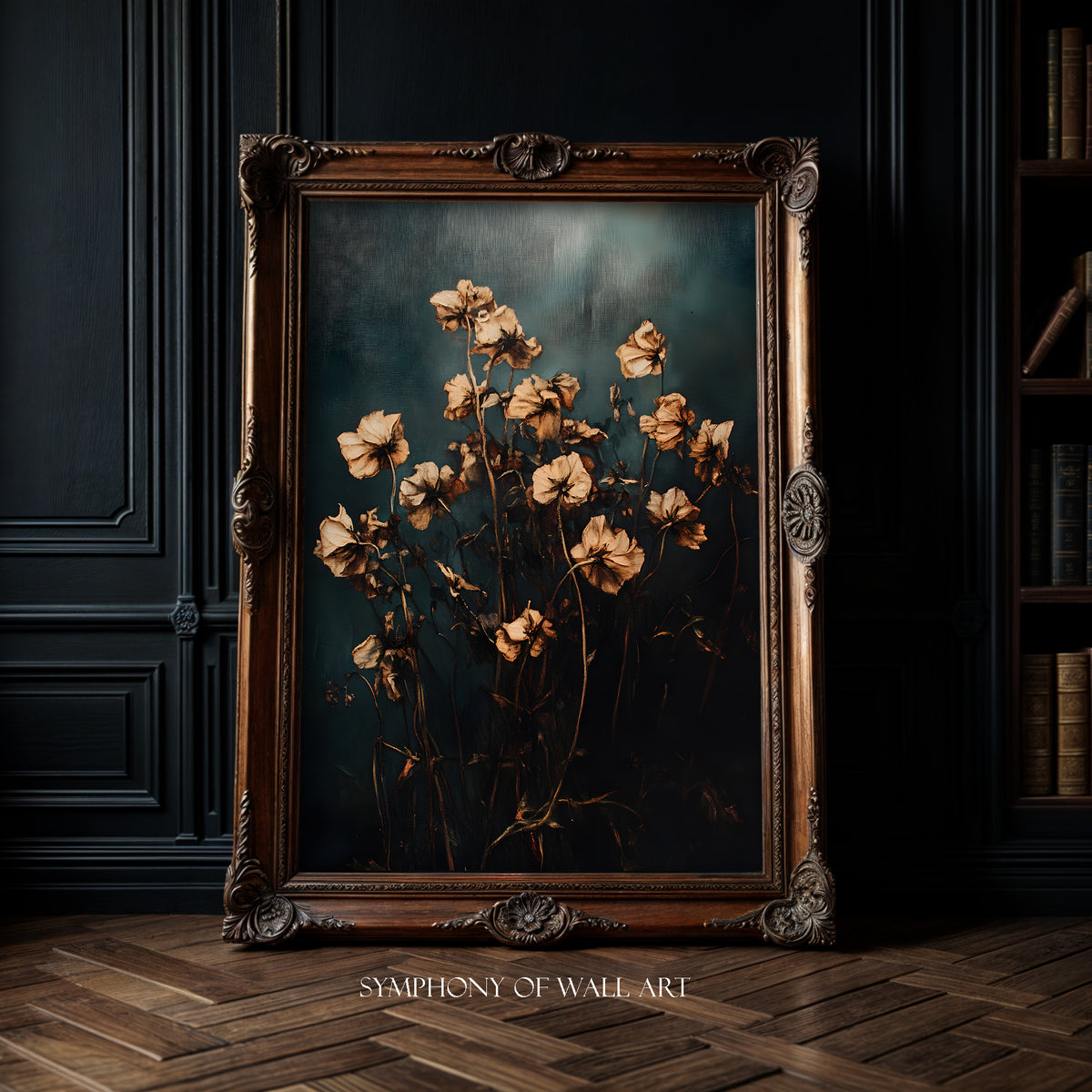 Decorative painting of flowers in a dark frame on a wall with 'Symphony of Wall Art' branding.
