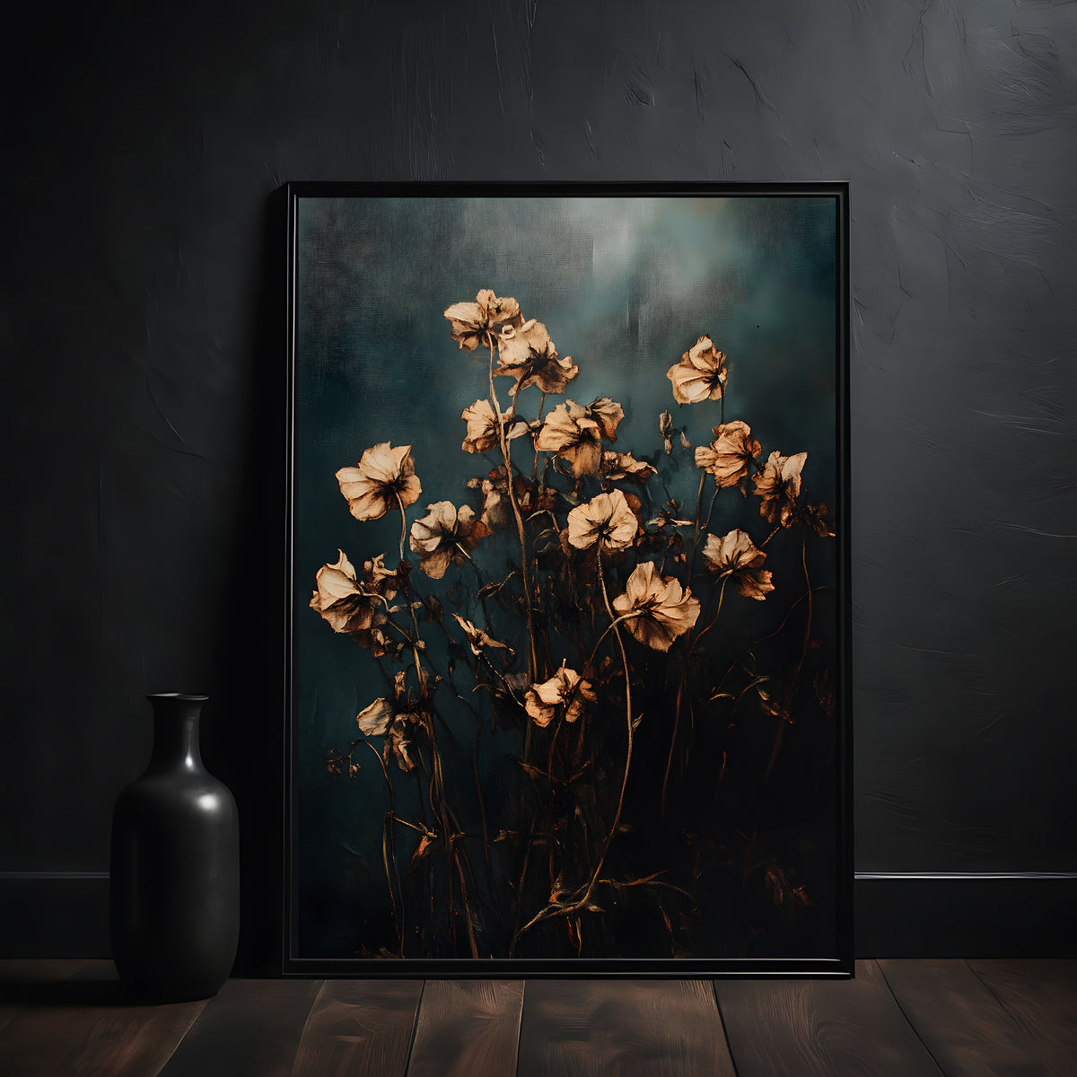 Framed artwork of dried flowers on a dark wall with a black vase.