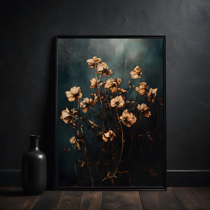Framed artwork of dried flowers on a dark wall with a black vase.