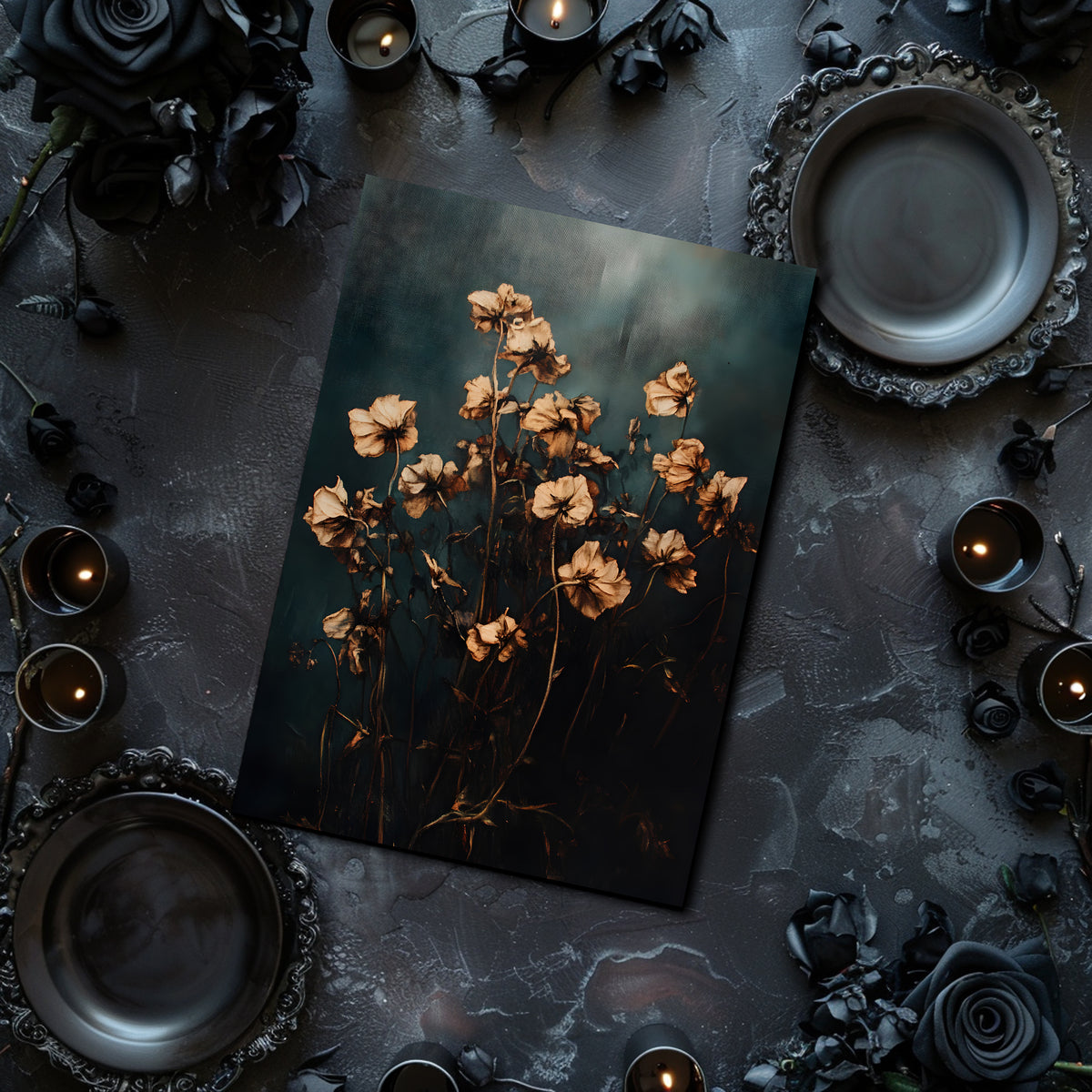 Artistic arrangement of dried flowers on a dark surface with candles and decorative elements.