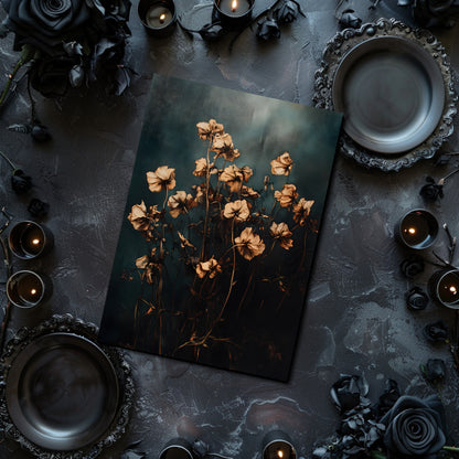 Artistic arrangement of dried flowers on a dark surface with candles and decorative elements.