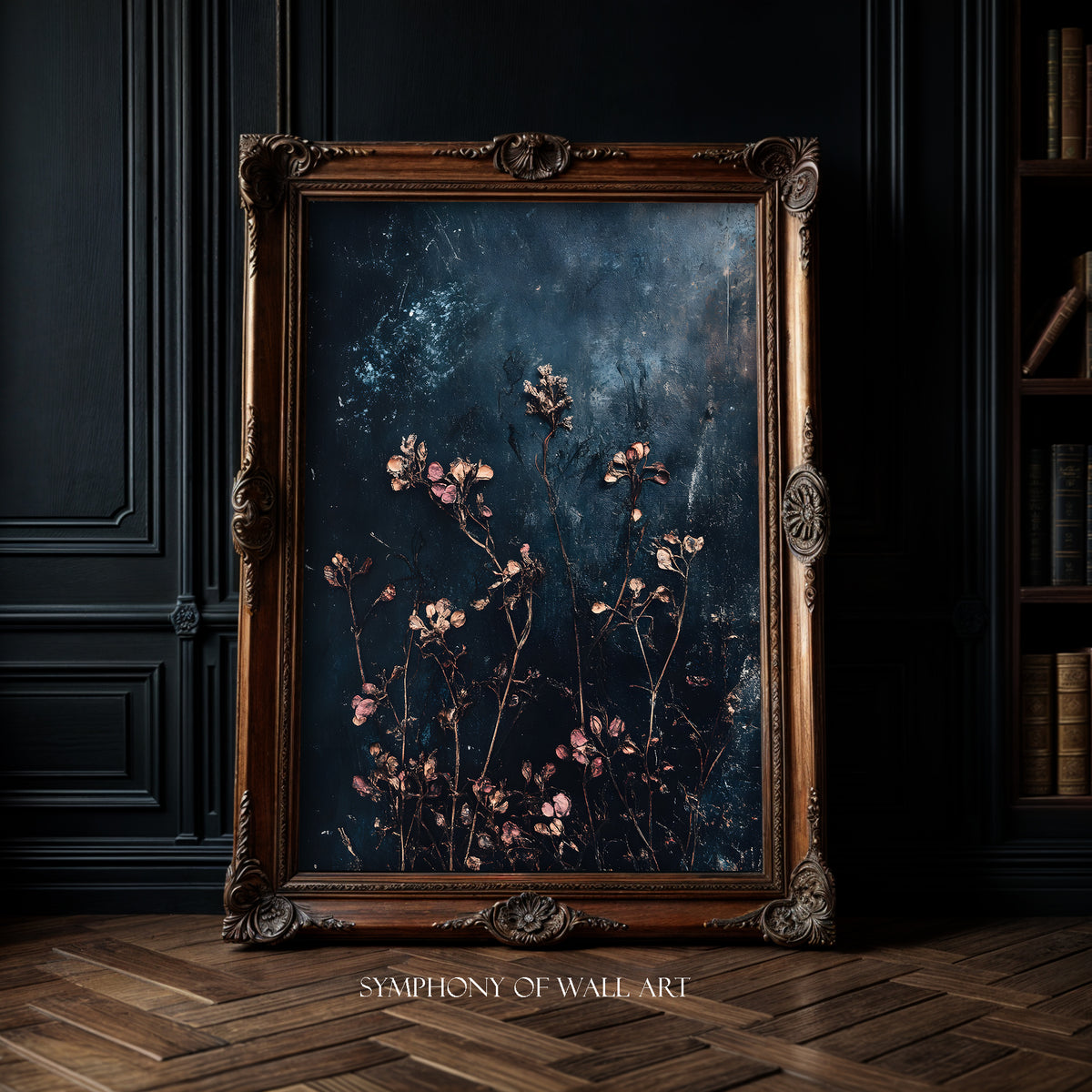 Decorative framed artwork with floral design on a dark wall.